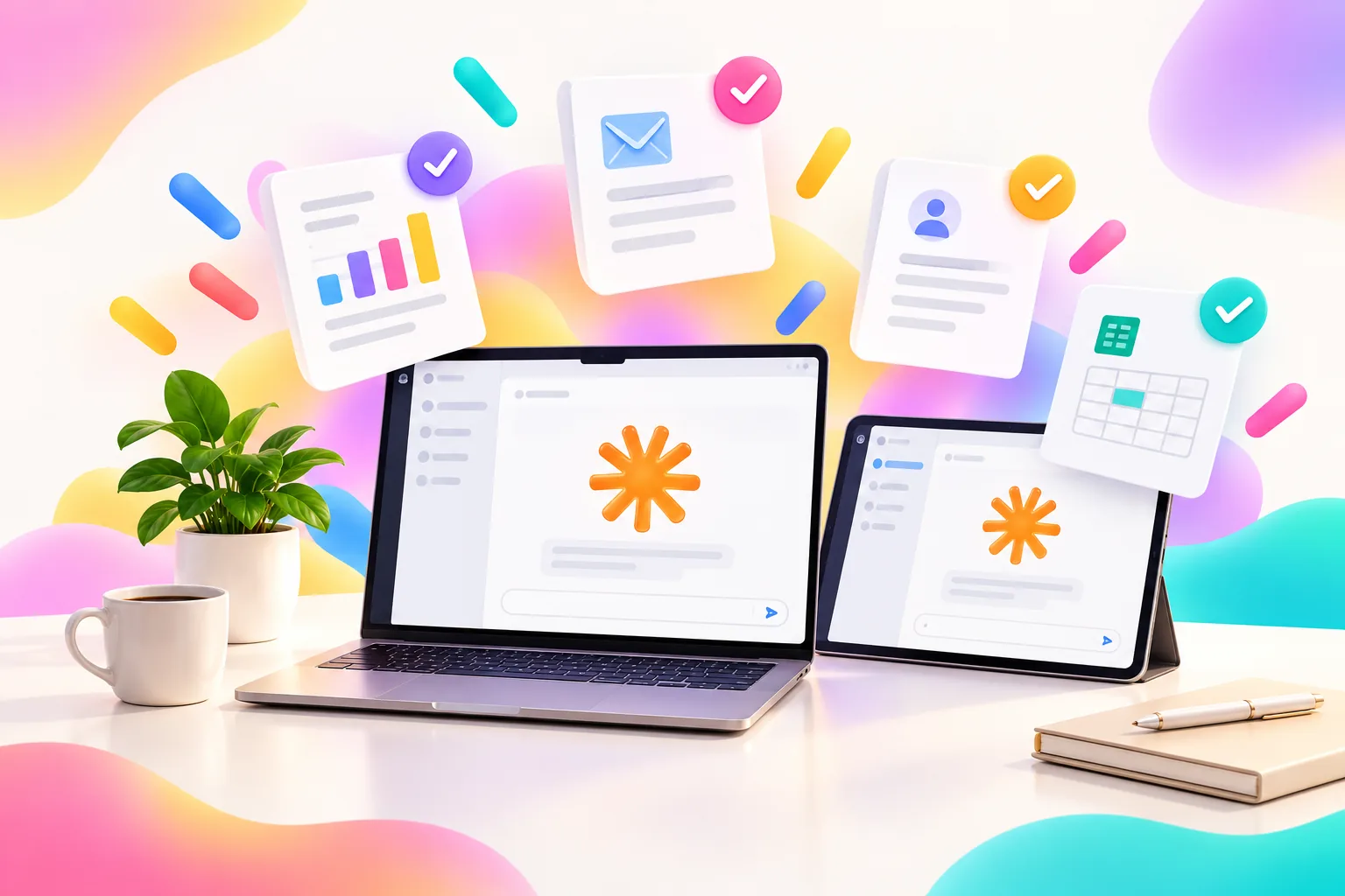 A laptop and tablet with the Claude logo, reports, an email draft, an HR letter and a spreadsheet summary.