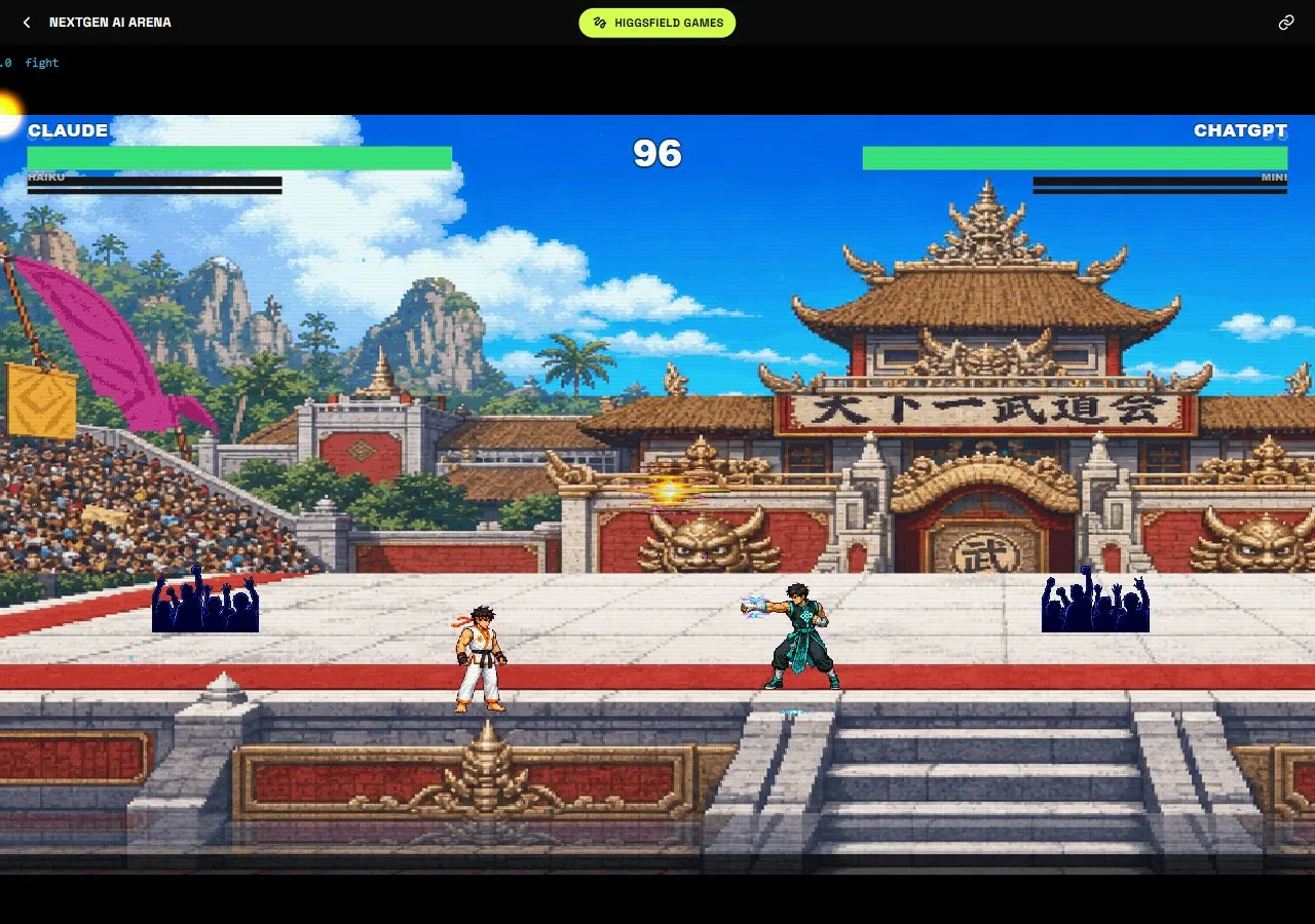 NextGen AI Arena 在亚庇海滨场景中的对战，角色身后是亚庇的黄昏。