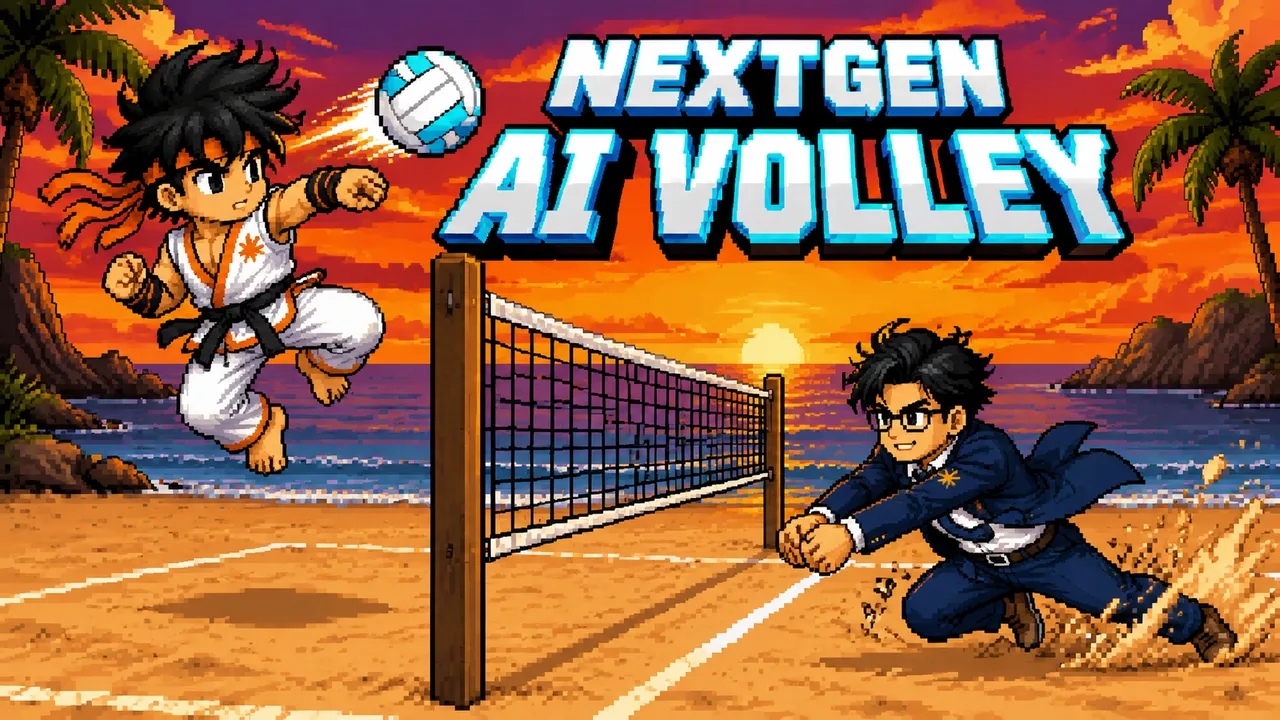 NextGen AI Volley key art - two chibi pixel-art characters spiking a volleyball over a net on a sunset beach