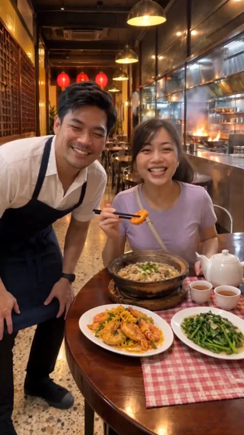 Restaurant video showing a woman ordering and dining with the owner