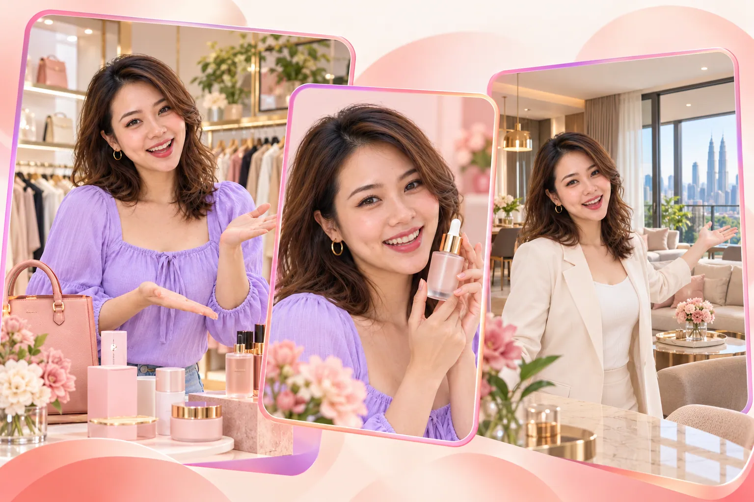 一张 AI 网红的脸,分别配店面、产品和房产画面。