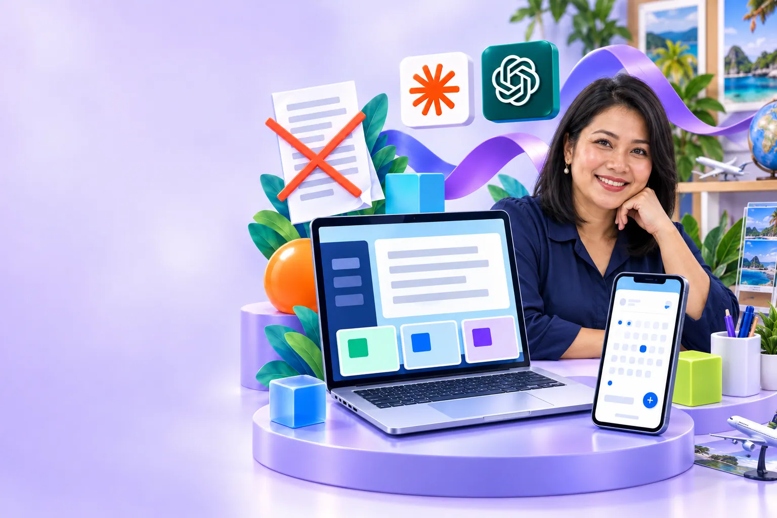 Illustration of quotation, stock and booking tools on a laptop and phone, beside a crossed-out developer quote and the Claude and ChatGPT Codex logos.