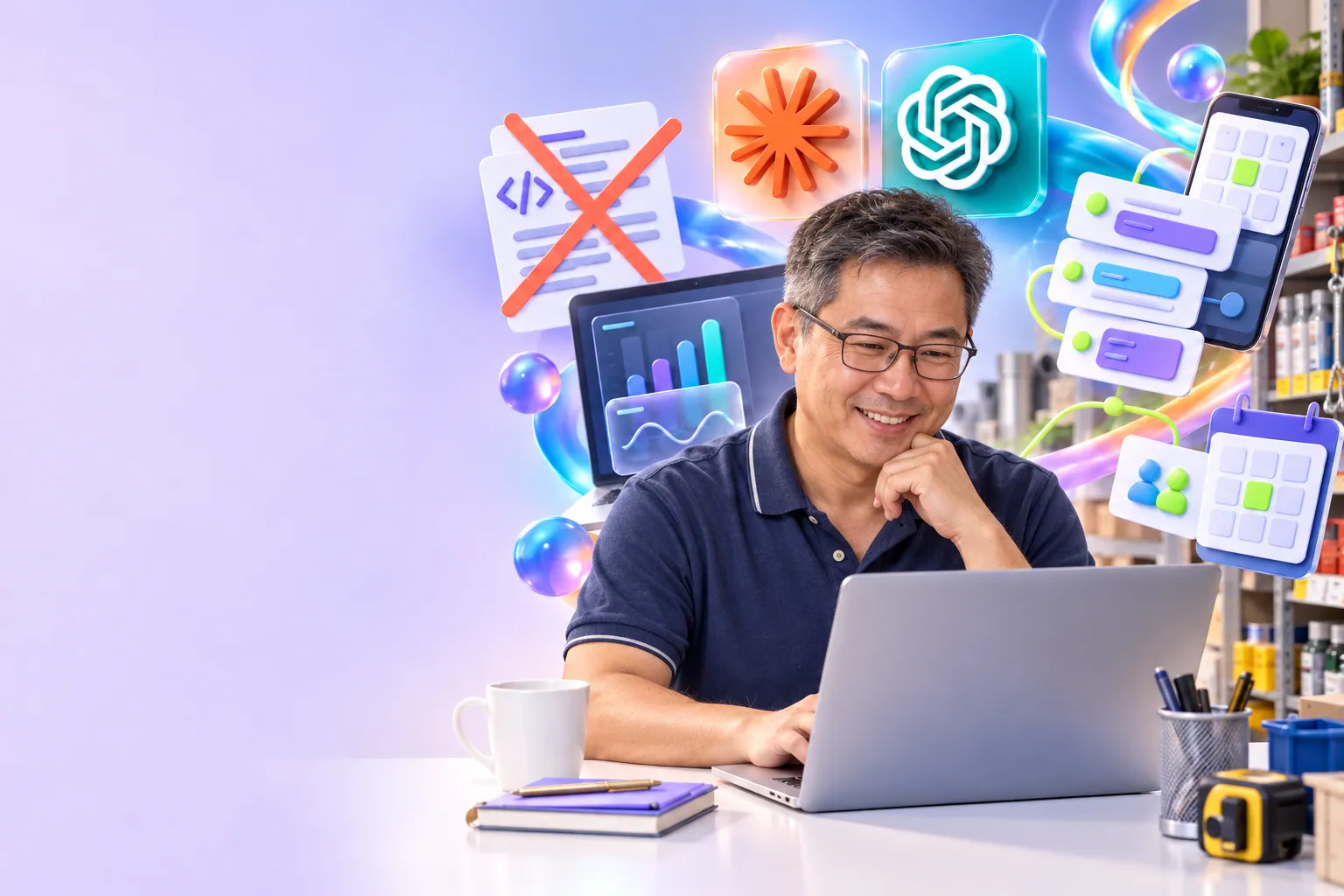 A laptop and phone display quotation, stock and booking tools beside a crossed-out developer quote and the Claude and ChatGPT Codex logos.