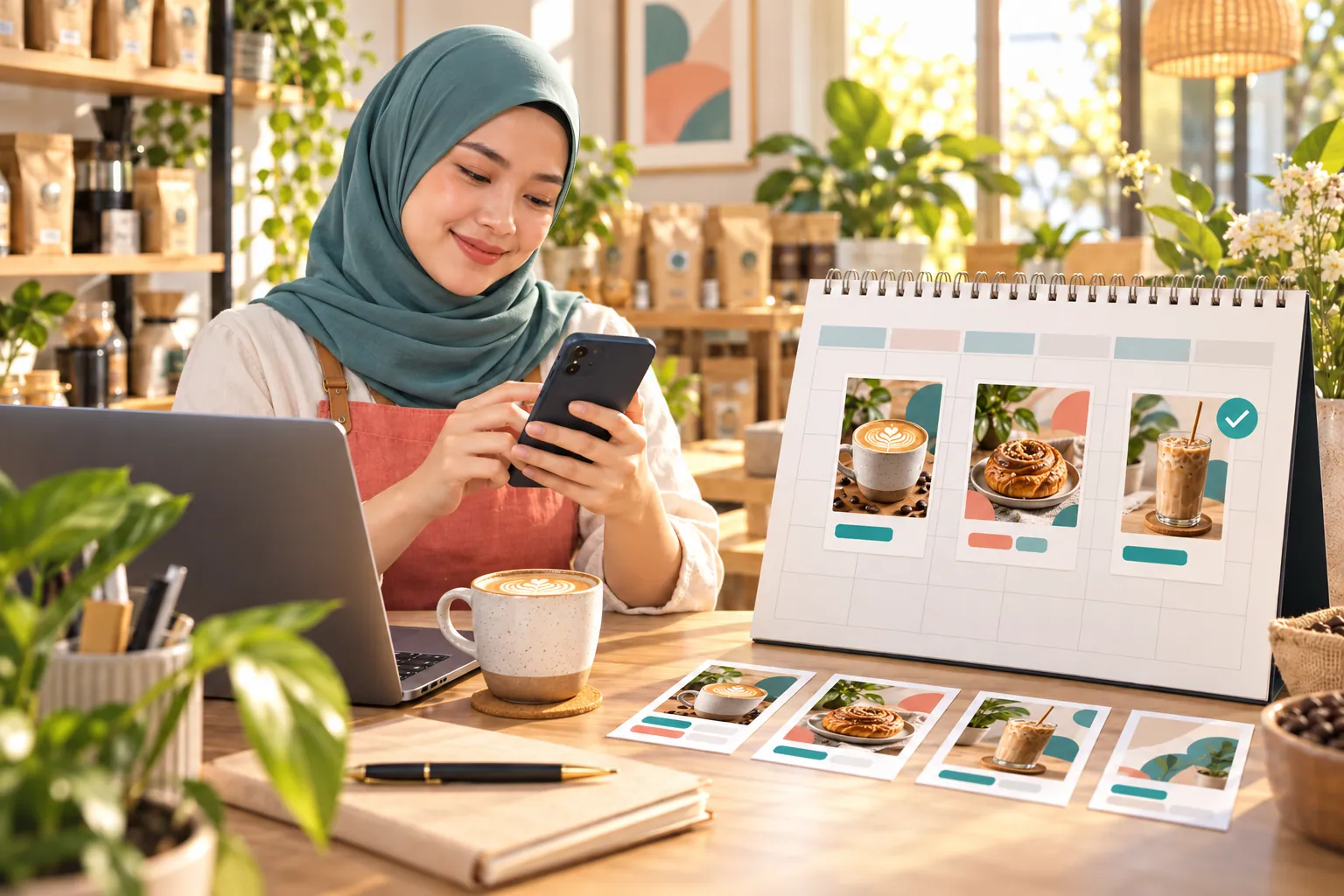 A weekly calendar shows a product post, a short video and an ad visual awaiting review.