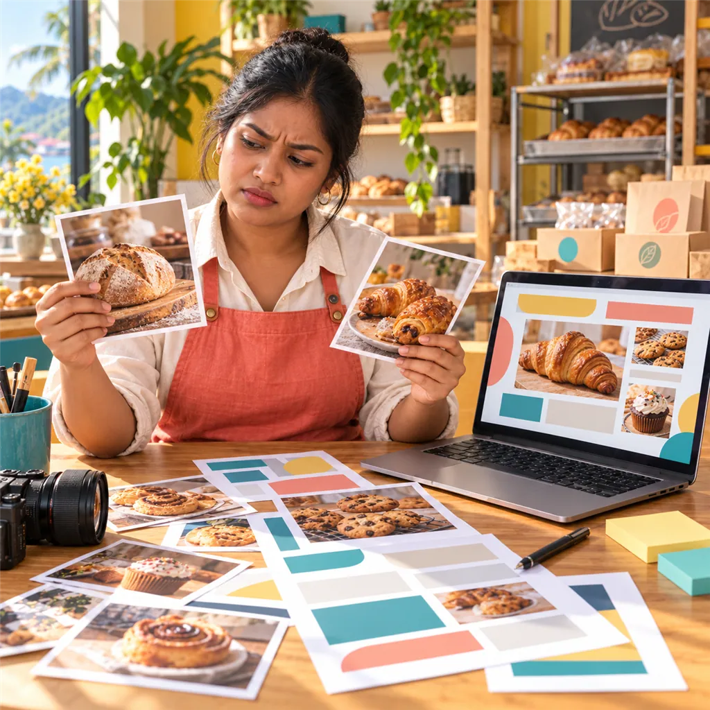 Product photos sit on a desk beside an unfinished promotional design.