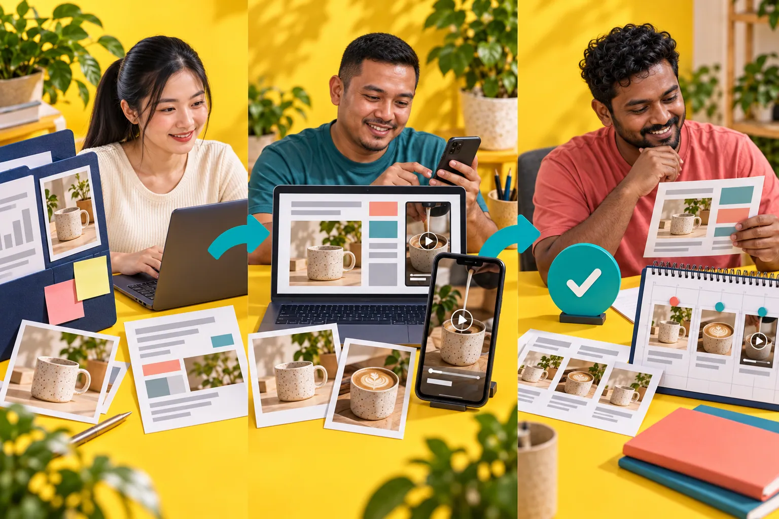 Company notes and customer research come together in a clear content brief. A single offer becomes a caption, a product visual and a vertical video. Approved posts move into scheduled slots, followed by an ad review.